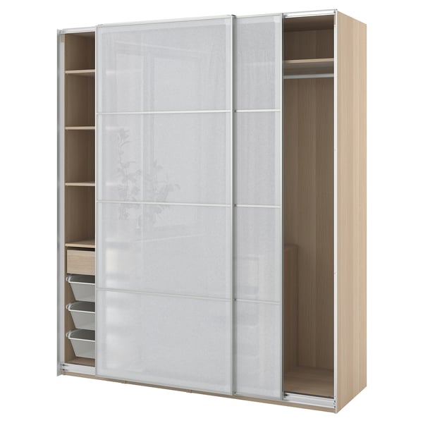 PAX wardrobe: light wood, frosted glass doors, open right side, shelves, drawers.