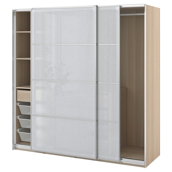 Modern light-colored wooden wardrobe with sliding doors and compartments.