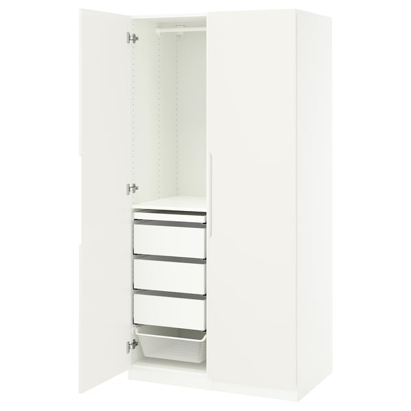 White PAX wardrobe with open door, multiple shelves, metal mesh basket, sleek design.