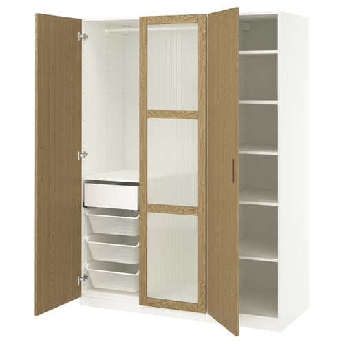 An ikea PAX wardrobe. It is white with wooden doors open, revealing shelves and mesh drawers. It has a modern, minimal design.