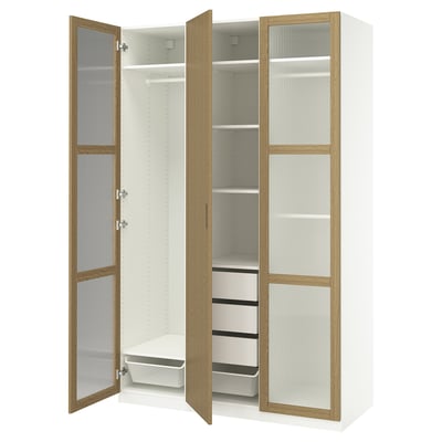White and wood PAX wardrobe with open doors, shelves, drawers, and mesh basket.