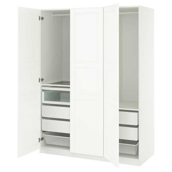 White PAX wardrobe with drawers and shelves, including mesh basket. Modern design, clean lines.