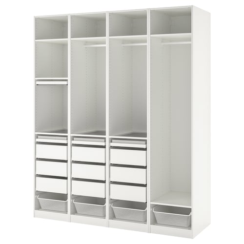 PAX: white wardrobe, adjustable, 2 sides, metal mesh baskets, drawers, shelves.