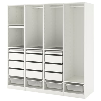 A white ikea PAX wardrobe, featuring open shelves and compartments, with metallic mesh baskets and pull-out trays.