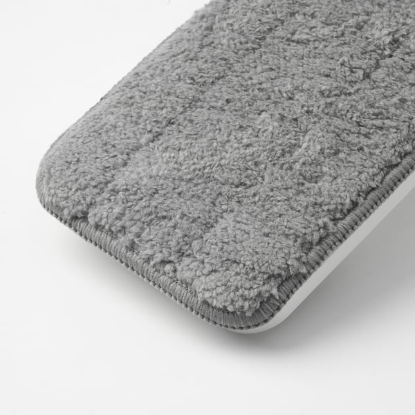 Grey microfiber cleaning pad, soft texture, crochet edges, laid flat.