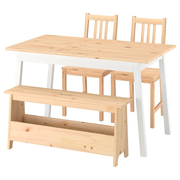 PINNTORP dining set: natural wood table, stools, storage bench for small spaces