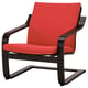Red cushioned chair with black wooden frame, curved design, comfy and stylish.