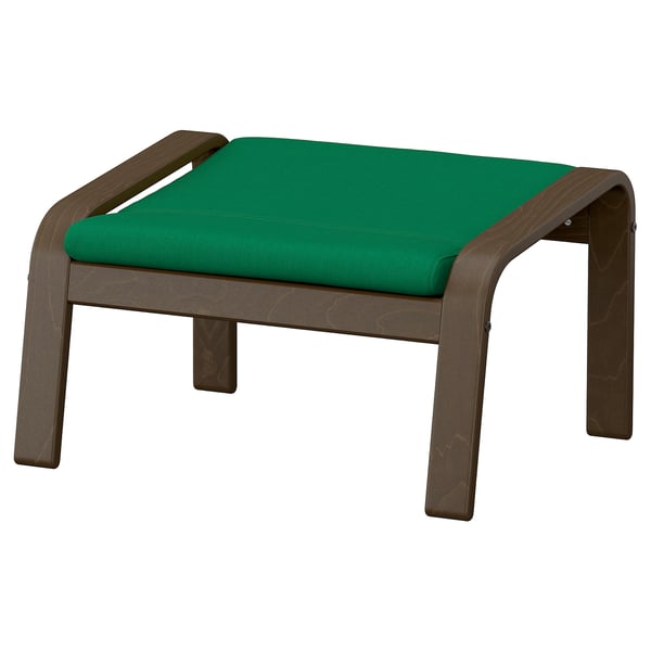 Green cushioned wooden footstool with curved legs and handles.