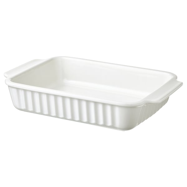A white POETISK baking dish made of stoneware, rectangular with handles and ribbed design.