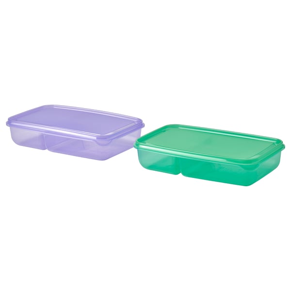 Two bright plastic containers, purple and green, rectangular with lids, used for food storage.