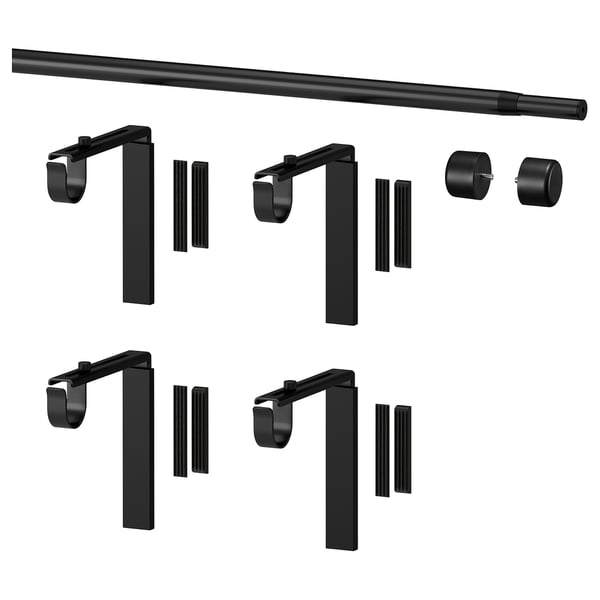 Black RÄCKA curtain rod and hardware set, extendable, includes 4 brackets, 2 finials, curved.