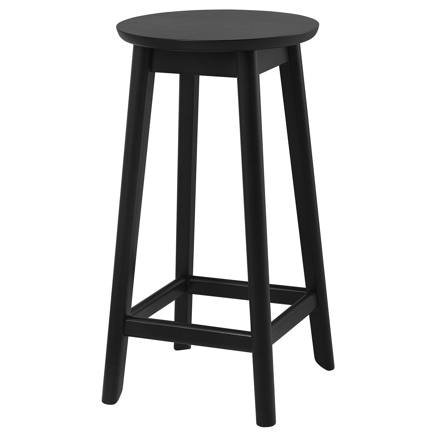 A black RÄVSTEN bar stool with a round seat, four legs, and a footrest. Crafted from durable rubberwood, it a minimalist design.