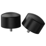 Two black, round, plastic curtain rod finials with screws.