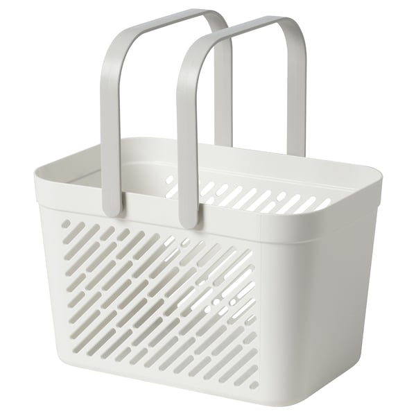 A white RÅNEN plastic shower basket with foldable handles, designed for storing bathroom essentials. It has holes for drainage and drying.
