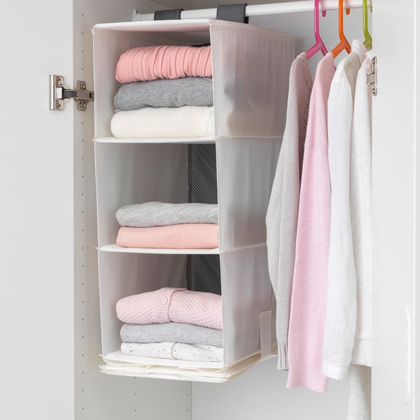 Hanging storage with 5 compartments, organising clothes and accessories in wardrobe.
