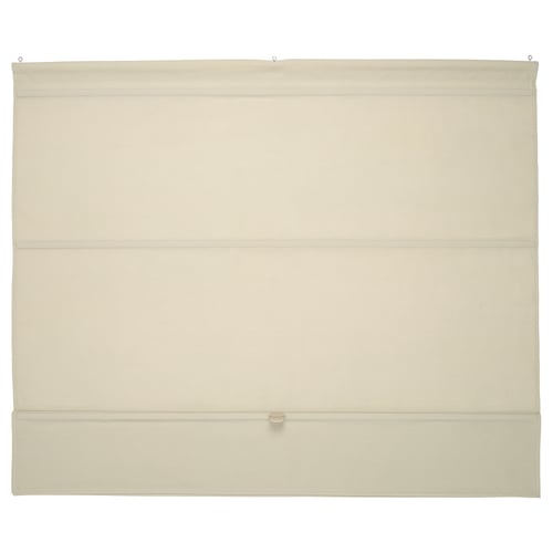 Beige RINGBLOMMA roman blind, linen look fabric, cordless, raised with magnets.