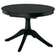 Black ROSENTORP extendable round dining table, 4 legs, melamine top, space-saving design.