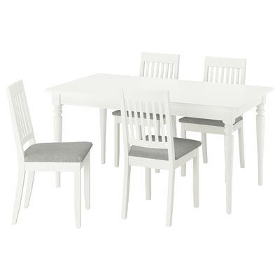 ROSENTORP dining set: extendable table, 4 grey-cushioned chairs, melamine top, wood legs, vertical slats.