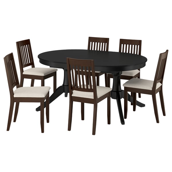 ROSENTORP dining set: black oval table, six dark wooden chairs with beige cushions,) sturdy & stylish.