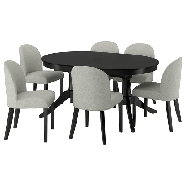 ROSENTORP dining set: black oval table, 4 grey chairs, wooden legs.