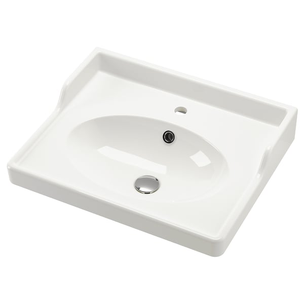 RUTSJÖN: white, minimalist, ceramic sink. Oval bowl, raised backsplash. Modern, durable design.
