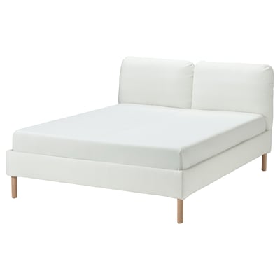 SAGESUND bed frame: white, sloped headboard, wooden legs, easy clean
