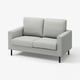 Modern grey fabric loveseat with boxy design and wooden legs.