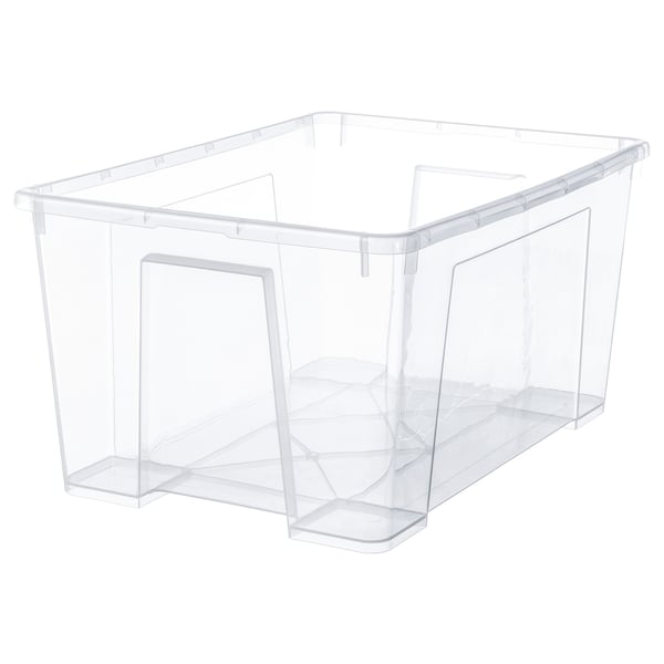 A clear plastic storage box named SAMLA. Its rectangular, transparent, and made of polypropylene plastic. Ideal for storing various items.