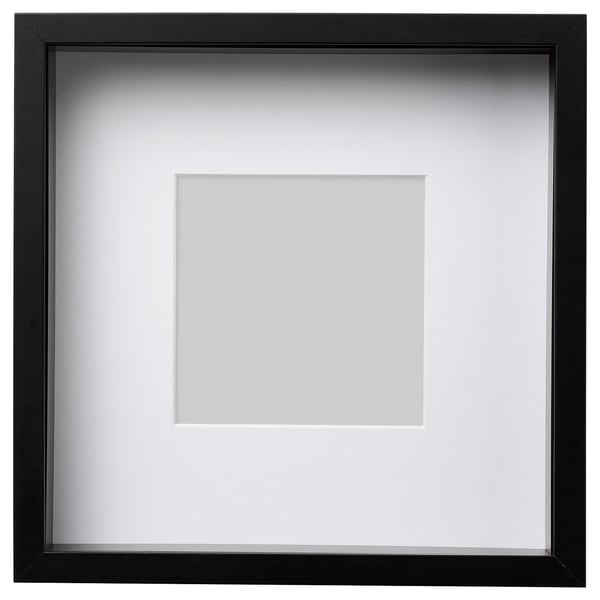 Black square picture frame with white mat, modern design, suitable for wall or table display.