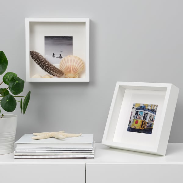 White shelf with seashell photo, drawing, books, starfish, plant.
