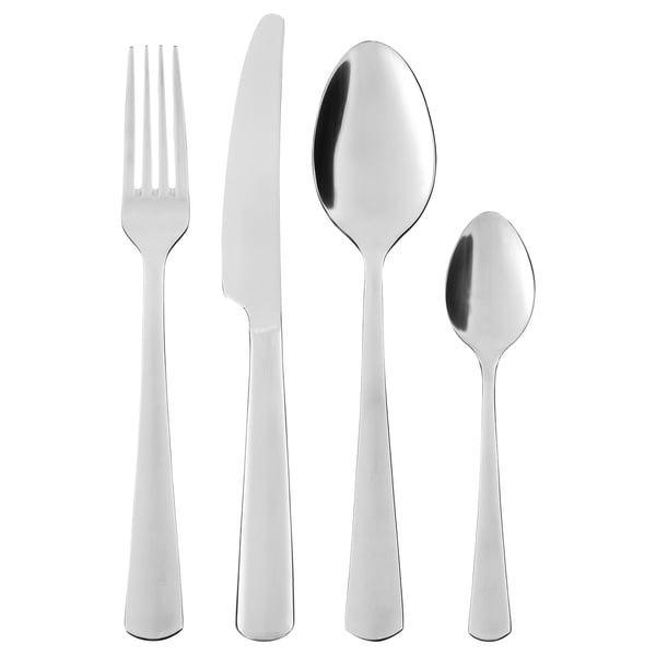 SEDLIG cutlery set: shiny silver fork, knife, dinner spoon, teaspoon; sleek, classic design.