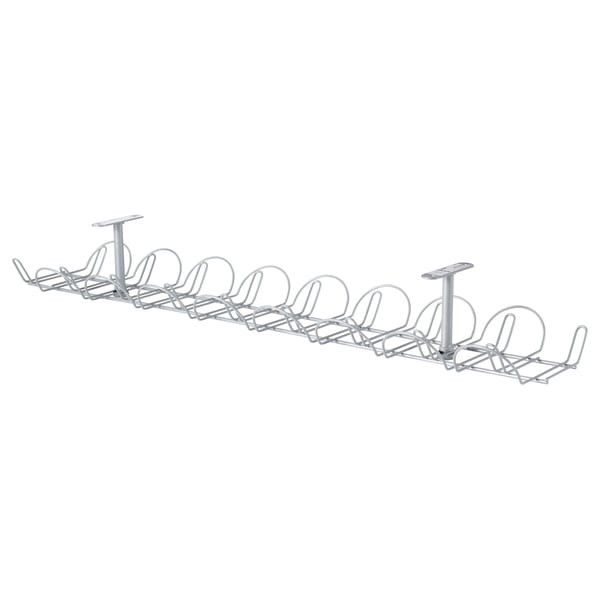 A SIGNUM cable management trunk. Its silver, made of steel, and designed to organise cables under a table.