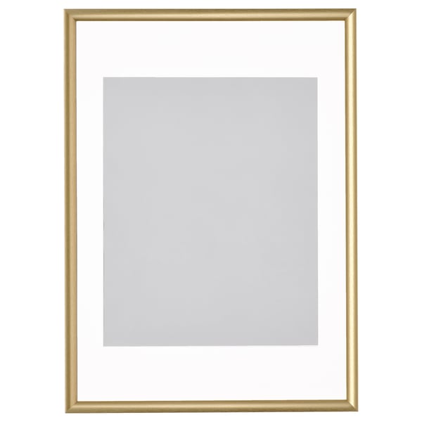 Gold-colored picture frame with clear plastic cover; rectangular, minimalist design.