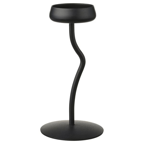 Black SILVERPÄRON candlestick, sleek winding stem, stable round base, modern organic design.