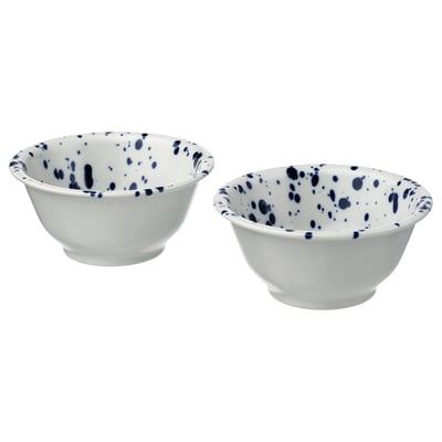 Two white bowls with blue splatter paint, round, ceramic.