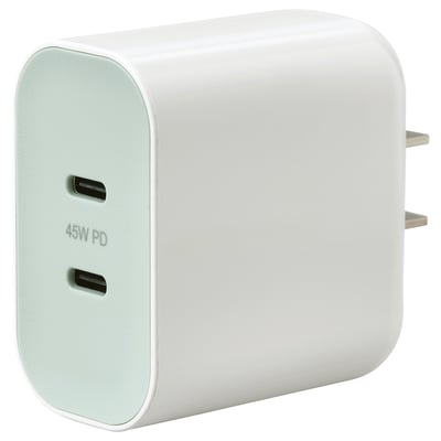 White dual usb-c charger with sleek design.