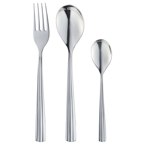 Three polished stainless steel cutlery items: fork, large spoon, small spoon. Sleek, modern design.