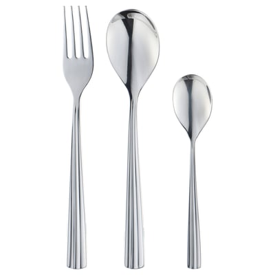 Three polished stainless steel cutlery items: fork, large spoon, small spoon. Sleek, modern design.