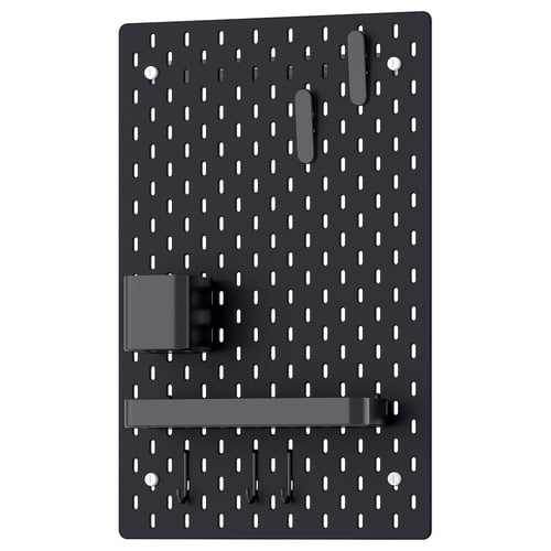 A black SKÅDIS pegboard with multiple hooks and holders. It is a practical organisation tool with a rectangular shape and evenly spaced holes.