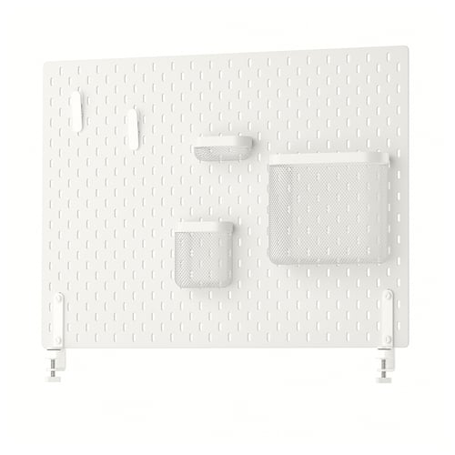 SKÅDIS white pegboard set with mesh baskets and clips on a white background.