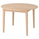 A SKANSNÄS light wood dining table with a round shape and natural finish. It has four tapered legs and an extendable centre for added seating.