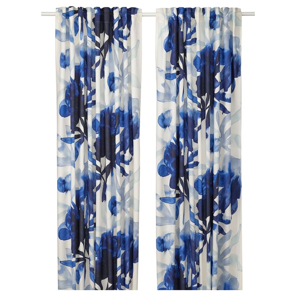 SKOGSNÄSSLA Curtains, 1 pair, white/blue floral pattern/with heading tape, 145x250 cm
