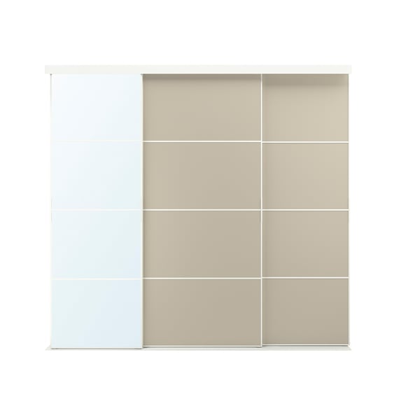 SKYTTA closet with sliding doors, featuring beige and white panels, modern design, 10-year guarantee.