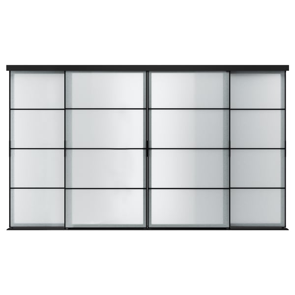 Displays a modular SKYTTA sliding door in frosted glass and black. Its divided into four panels with a sleek, modern design.