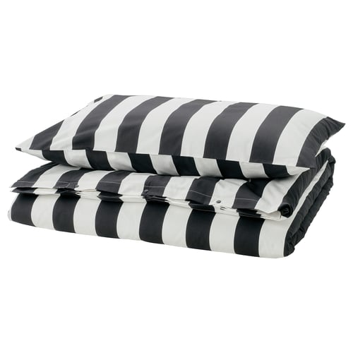 Striped duvet cover set, grey and white, rectangular with envelope closure. Made from cotton and viscose blend.