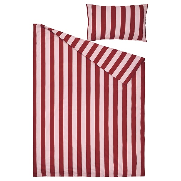 A red and white striped bedding set, including a duvet cover and pillowcase, made of durable cotton and lyocell blend.