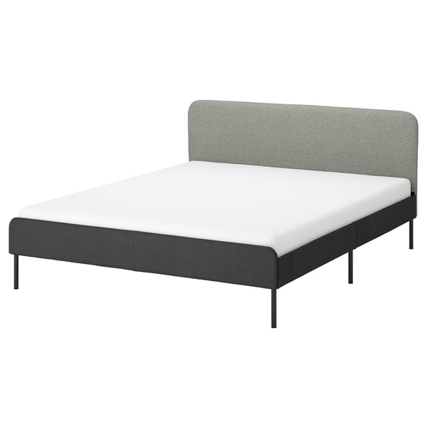 Modern bed: SLATTUM in dark grey with light grey headboard, soft upholstery, and metal legs.