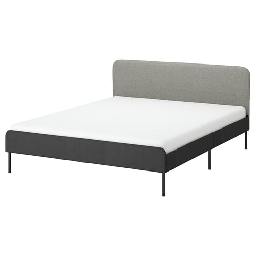Modern bed: SLATTUM in dark grey with light grey headboard, soft upholstery, and metal legs.