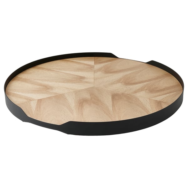 SMÅÄTA wooden tray, round, natural wood & black frame.