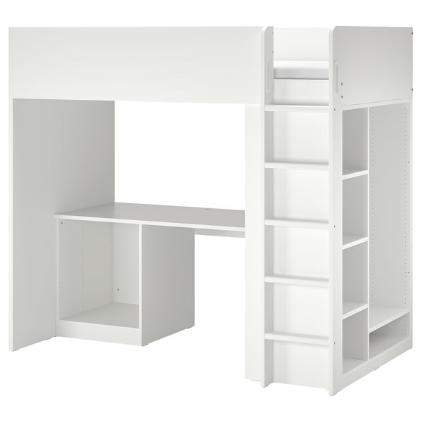 White childrens loft bed with desk and shelves. Modern design, space-saving furniture.